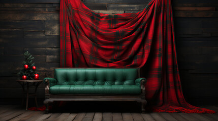 Green and red Christmas blanket against a log cabin wall -sofa - holiday design and decor - festive style 
