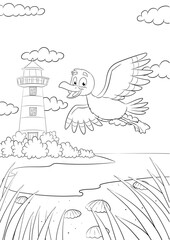 Niedliche Küstenlandschaft mit Leuchtturm und Möwe - Vektor-Illustration