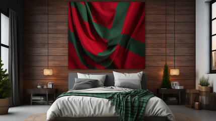 Green and red Christmas blanket against a log cabin wall -bedroom - holiday design and decor