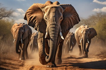 A powerful herd of elephants trekking across the plains, symbolizing the strength and unity of...