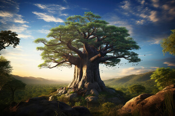 Fototapeta premium An ancient baobab tree standing tall against the African sky, embodying the endurance and wisdom of the continent's flora. Concept of timeless arboreal strength. Generative Ai.
