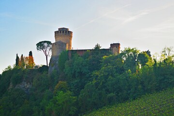 view of the Manfrediana and Venetian Fortress of Brisighella located on a rocky pinnacle in the...