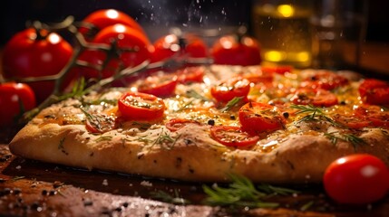 Pizza with cherry tomatoes, rosemary and spices on wooden table.
