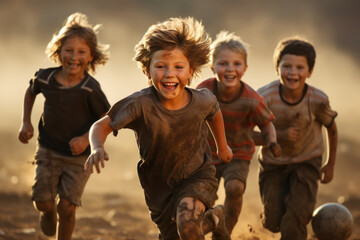 A group of children playing soccer in a dusty field, exemplifying the universal love for the sport...