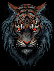 tiger looks angry with deep red eyes, in the style of dark silver and dark orange created with Generative Ai