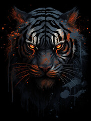 tiger looks angry with deep red eyes, in the style of dark silver and dark orange created with Generative Ai