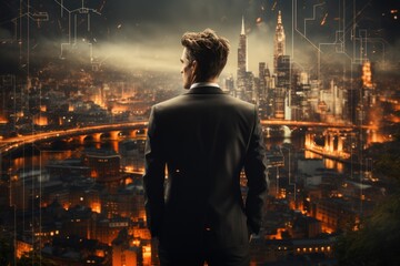 the businessman in a suit is looking at the city