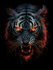 tiger looks angry with deep red eyes, in the style of dark silver and dark orange created with Generative Ai