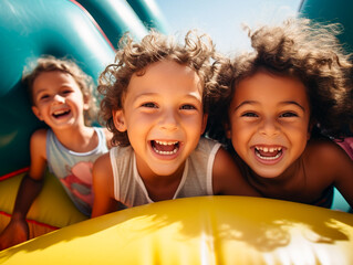 Portrait of happy kids on inflatable bounce house. Children playing on a trampoline. - obrazy, fototapety, plakaty