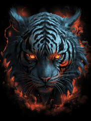 tiger looks angry with deep red eyes, in the style of dark silver and dark orange created with Generative Ai