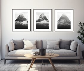 three black framed art prints in a modern living room mockup,