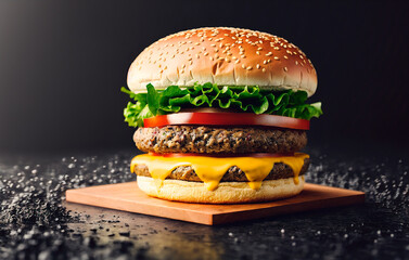 Appetizing hamburger with vegetables and meat and on black background