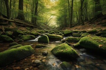 A serene forest stream with moss-covered rocks and fallen leaves.