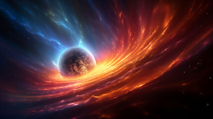 Obraz na płótnie Canvas Cosmic Dance of Fire and Ice: A Distant Planet Amidst Nebular Waves
