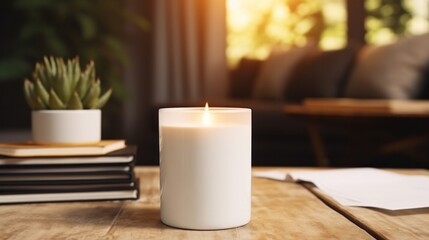 white candle with blank front, realistic on a mockup template in a coffee table in a luxury home