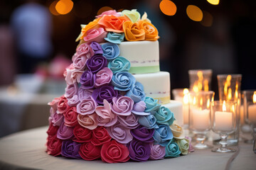 A rainbow-themed cake at a LGBTQ+ wedding ceremony. Concept of celebrating love and commitment. Generative Ai.