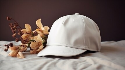 white Cap with blank front, realistic on a mockup template in a white table in a luxury home