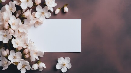 white flowers with blank notecard near a grey background,