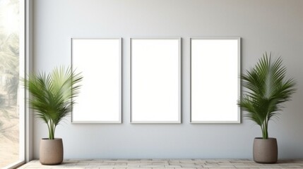 White frame with blank front, realistic on a mockup template in a white minimalist wall