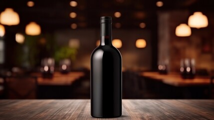 Wine bottle with blank front, realistic on a mockup template in a wooden table in restaurant
