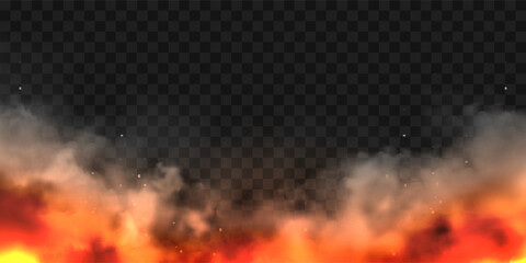 Realistic smoke clouds and fire. Flame blast, explosion. Stream of smoke from burning objects. Forest fires. Transparent fog effect. White steam, mist. Vector design element. - obrazy, fototapety, plakaty