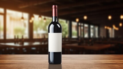 Wine bottle with blank front, realistic on a mockup template in a wooden table in restaurant
