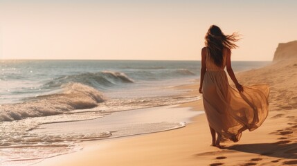 woman walking along beach towards sea,
