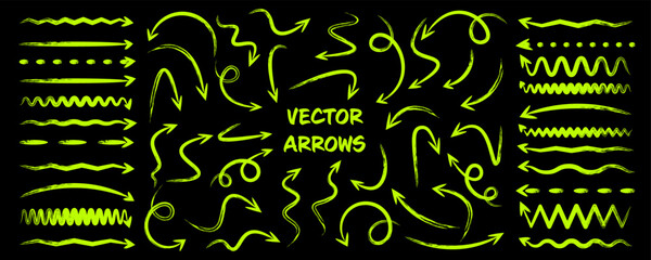 Grunge hand drawn arrows, highlighter lines. Marker stroke, brush pen drawn underline. Handwritten text pointers, notes, marks. Vector illustration