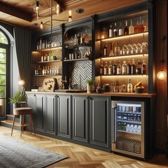 A stylish home bar with a liquor cabinet.Cozy kitchen with a bar and wine cooler. Creating a warm and inviting atmosphere. The bar is made of wood and has a glass door, showcasing the bottles inside.  - obrazy, fototapety, plakaty