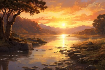 A serene riverbank at sunset, with the last rays of light reflecting on the water, and the surrounding landscape bathed in warm, golden hues