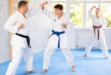 Two men practicing punches during karate classes in the gym