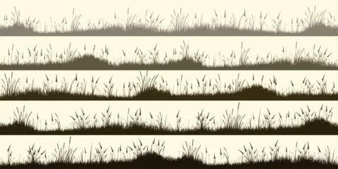 Fotobehang Meadow silhouettes with grass, plants on plain. Panoramic summer lawn landscape with herbs, various weeds. Herbal border, frame element. Brown horizontal banners. Vector illustration © 32 pixels