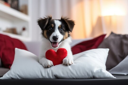 White-black happy dog playfully holds a red heart-shaped pillow in the cozy room