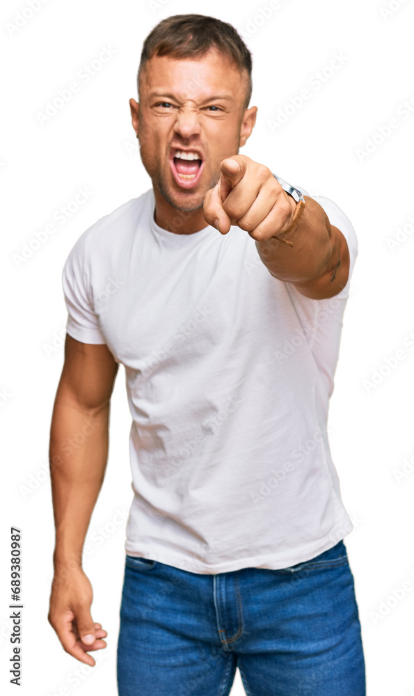 Poster Handsome muscle man wearing casual white tshirt pointing displeased and frustrated to the camera, angry and furious with you