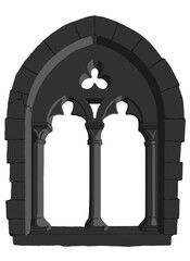 Gothic window plate tracery stylized drawing. Architectural stone engraving; european medieval cathedral/church frame illustration; vector