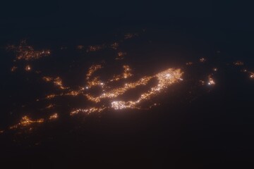 Aerial shot on Bay Area (California, USA) at night, view from west. Imitation of satellite view on modern city with street lights and glow effect. 3d render