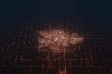 Aerial shot of Saskatoon (Canada) at night, view from north. Imitation of satellite view on modern city with street lights and glow effect. 3d render