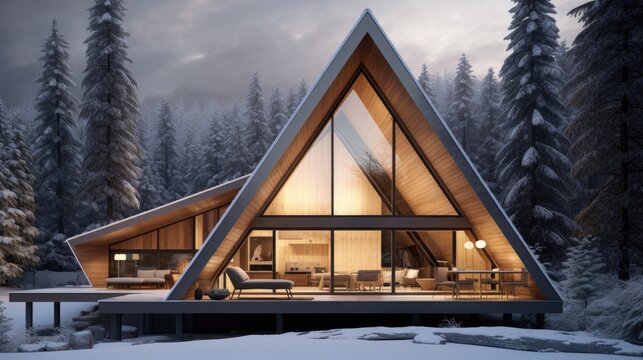 a cedar wooden house nestled in the mountains amidst a winter forest, highlighting the synergy between the natural surroundings and the architectural elegance of the house.