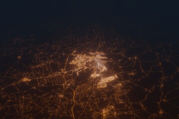 Aerial shot on Meknes (Morocco) at night, view from east. Imitation of satellite view on modern city with street lights and glow effect. 3d render - obrazy, fototapety, plakaty