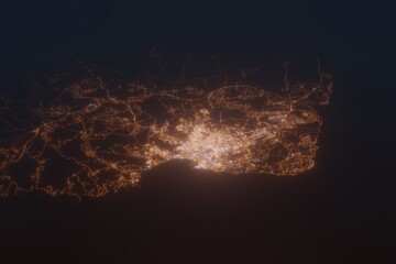 Fototapeta na wymiar Aerial shot of Tangier (Morocco) at night, view from north. Imitation of satellite view on modern city with street lights and glow effect. 3d render