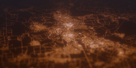 Street lights map of Kryvyi Rih (Ukraine) with tilt-shift effect, view from east. Imitation of macro shot with blurred background. 3d render, selective focus