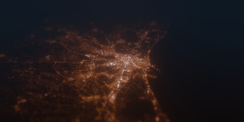 Street lights map of Valencia (Spain) with tilt-shift effect, view from south. Imitation of macro shot with blurred background. 3d render, selective focus