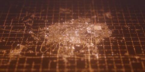 Street lights map of Sioux Falls (South Dakota, USA) with tilt-shift effect, view from north. Imitation of macro shot with blurred background. 3d render, selective focus