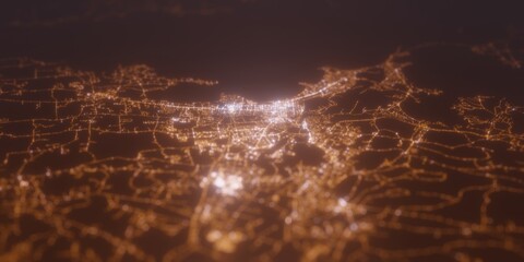 Street lights map of Burlington (Vermont, USA) with tilt-shift effect, view from east. Imitation of macro shot with blurred background. 3d render, selective focus