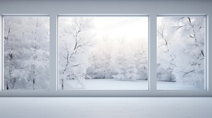 view through large windows, revealing a serene winter landscape with snow-covered trees, a minimalist, modern style, emphasizing the simplicity and tranquility of the winter scene.