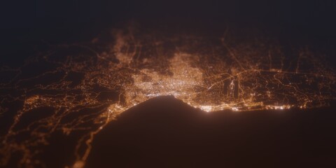 Naklejka premium Street lights map of Antalya (Turkey) with tilt-shift effect, view from south. Imitation of macro shot with blurred background. 3d render, selective focus