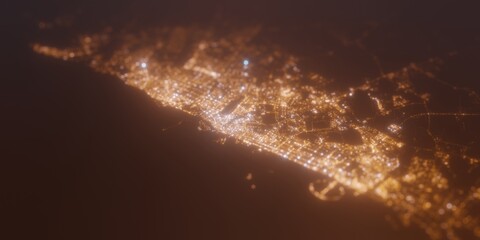 Street lights map of Dubai (UAE) with tilt-shift effect, view from west. Imitation of macro shot with blurred background. 3d render, selective focus