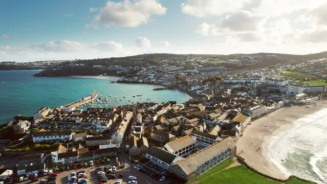 St Ives Drone Aerial Rising Shot Afternoon Sun