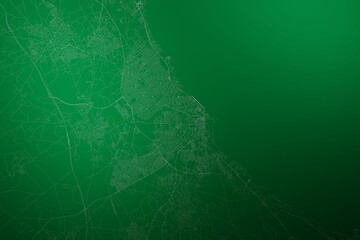 Map of the streets of Sousse (Tunisia) made with white lines on abstract green background lit by two lights. Top view. 3d render, illustration - obrazy, fototapety, plakaty
