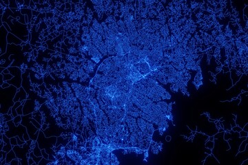 Street map of Kampala (Uganda) made with blue illumination and glow effect. Top view on roads network - obrazy, fototapety, plakaty
